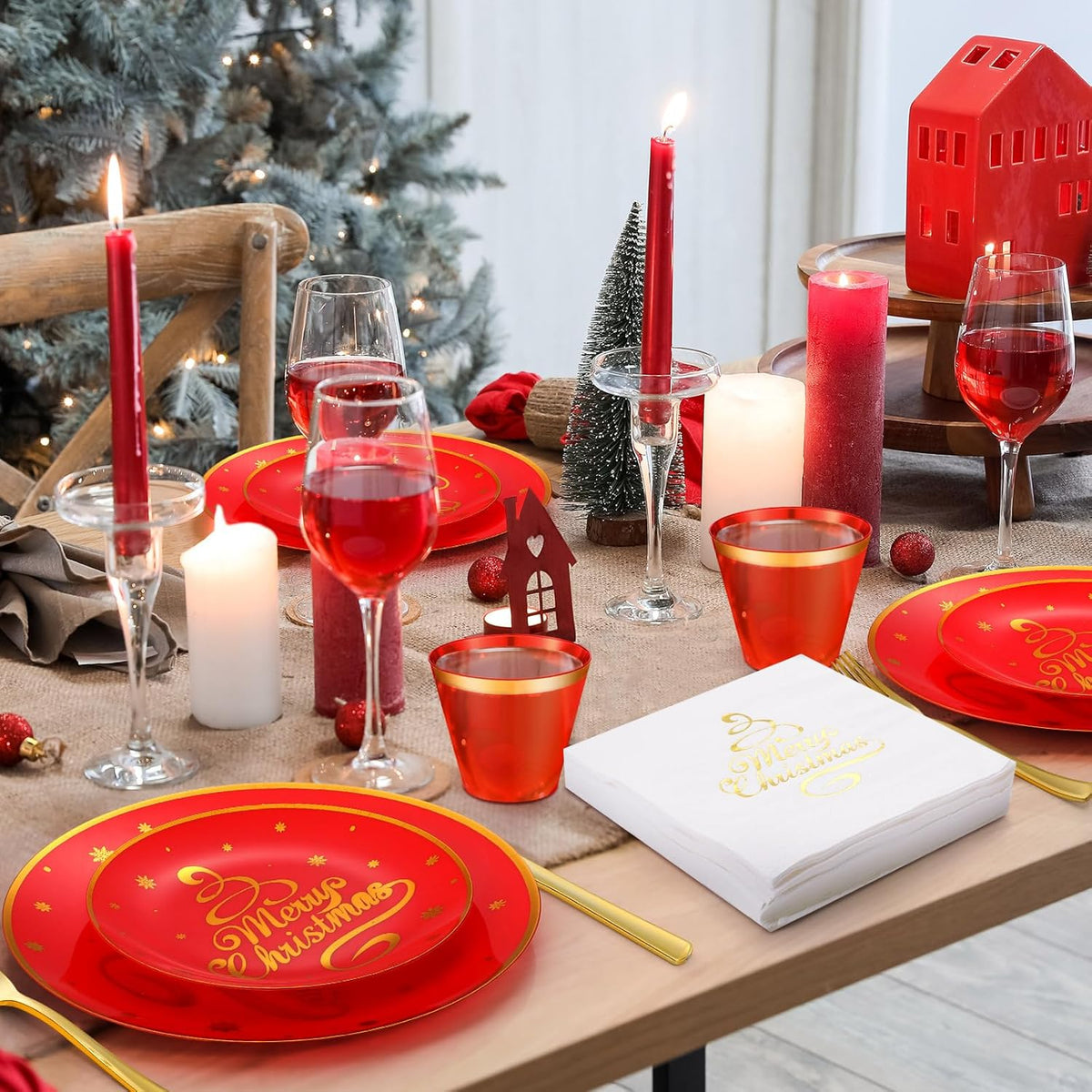 Sliner 350 Pcs Christmas Plastic Tableware Bulk, Red and Gold Tableware Set, Disposable Xmas Dinnerware with Dinner Plates, Dessert Plates, Forks, Knives, Spoons, Cups, Napkins for Holiday Party