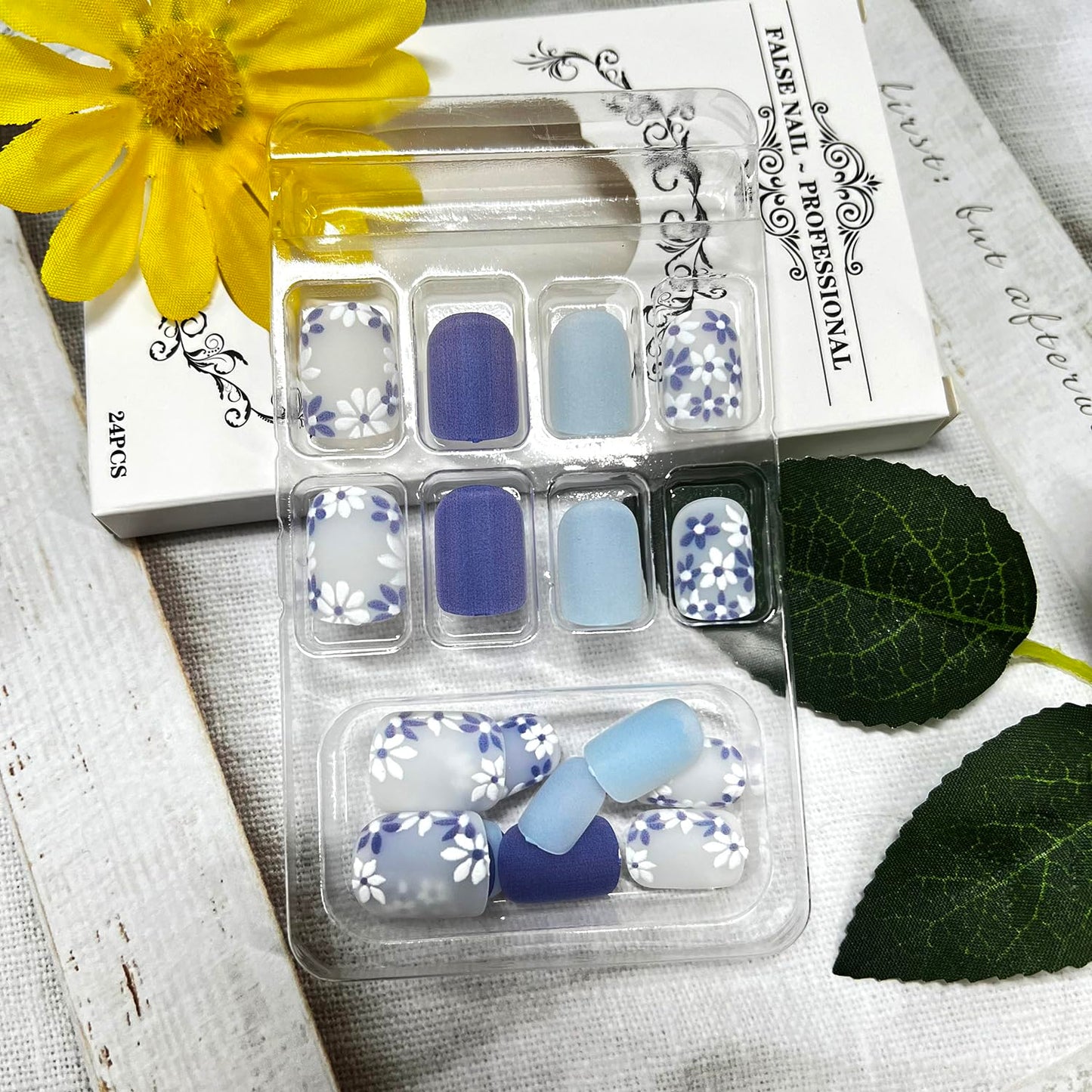 Flower Press on Nails Short Square Fake Nails with Spring White Blue Floral Designs Light Blue Matte Full Cover False Nail Acrylic Flowers Stick on Nail for Women 24Pcs