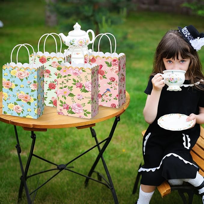 Vintage Floral Gift Bags Bulk Tea Party Favors Flower Tea Party Goodie Bags Treat Candy Bag Spring Wildflower Birthday Favors Decoration for Princess Birthday Wedding Garden Bridal Shower 24Pcs