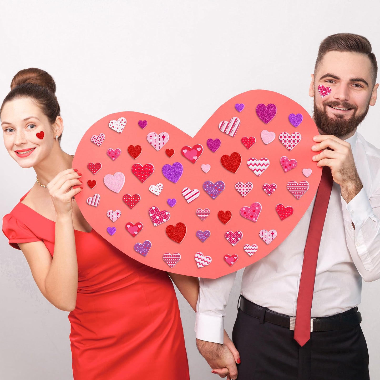500 PCS Valentines Stickers, Self-Adhesive Foam Heart Stickers for Craft Lovers, 3 Sizes Glitter Polka Dots Stripe Valentines Decor, Bulk Valentine Crafts Red Pink DIY Decor for Frames Presents Cards