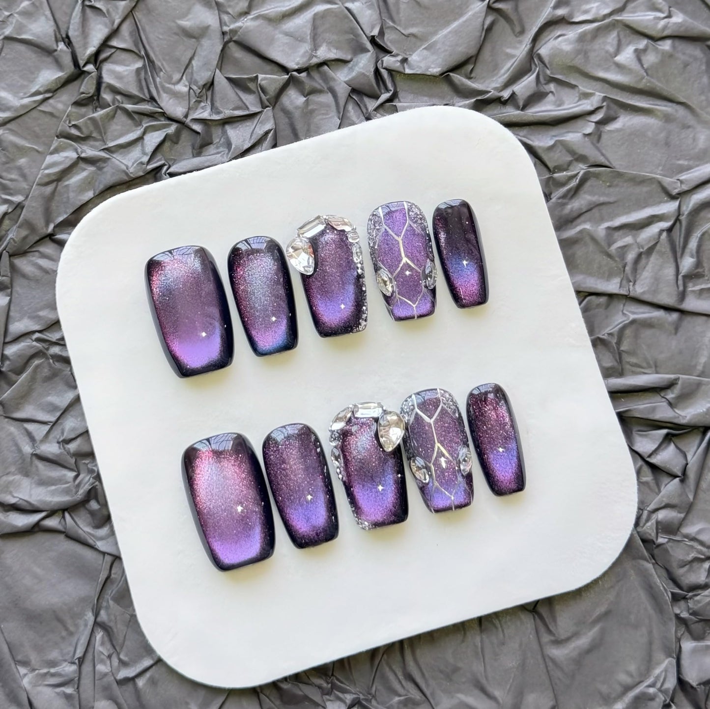 Purple Cat Eye Press On Nails - Galaxy Nebula Design with Crystal & Cracked Stone Accents, Short Coffin Shape, Reusable False Nails for Women (M)