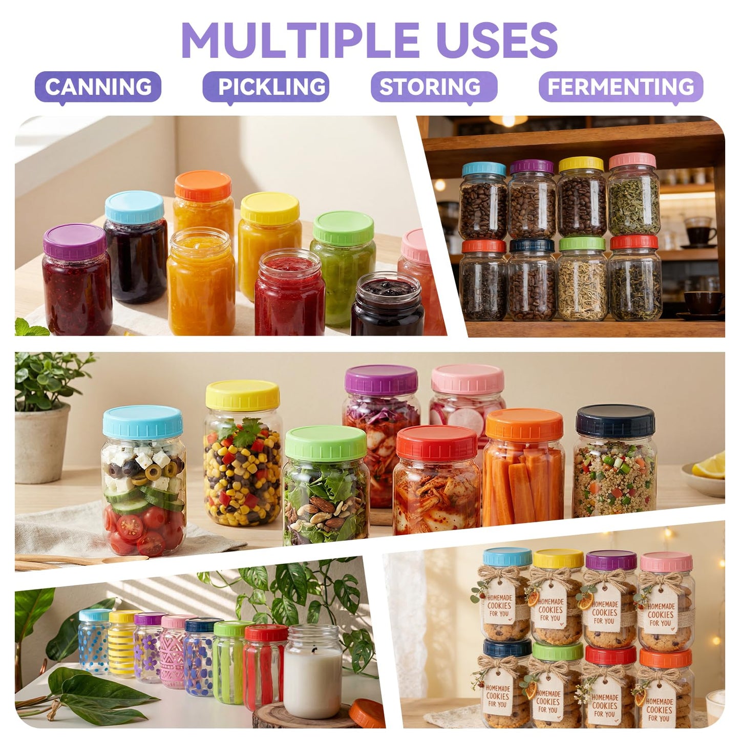novelinks 16 oz Plastic Mason Jars with Colorful Lids, Leakproof 16oz Clear Plastic Jars with Lids, Reusable Storage Containers for Household Use (16 Pack)