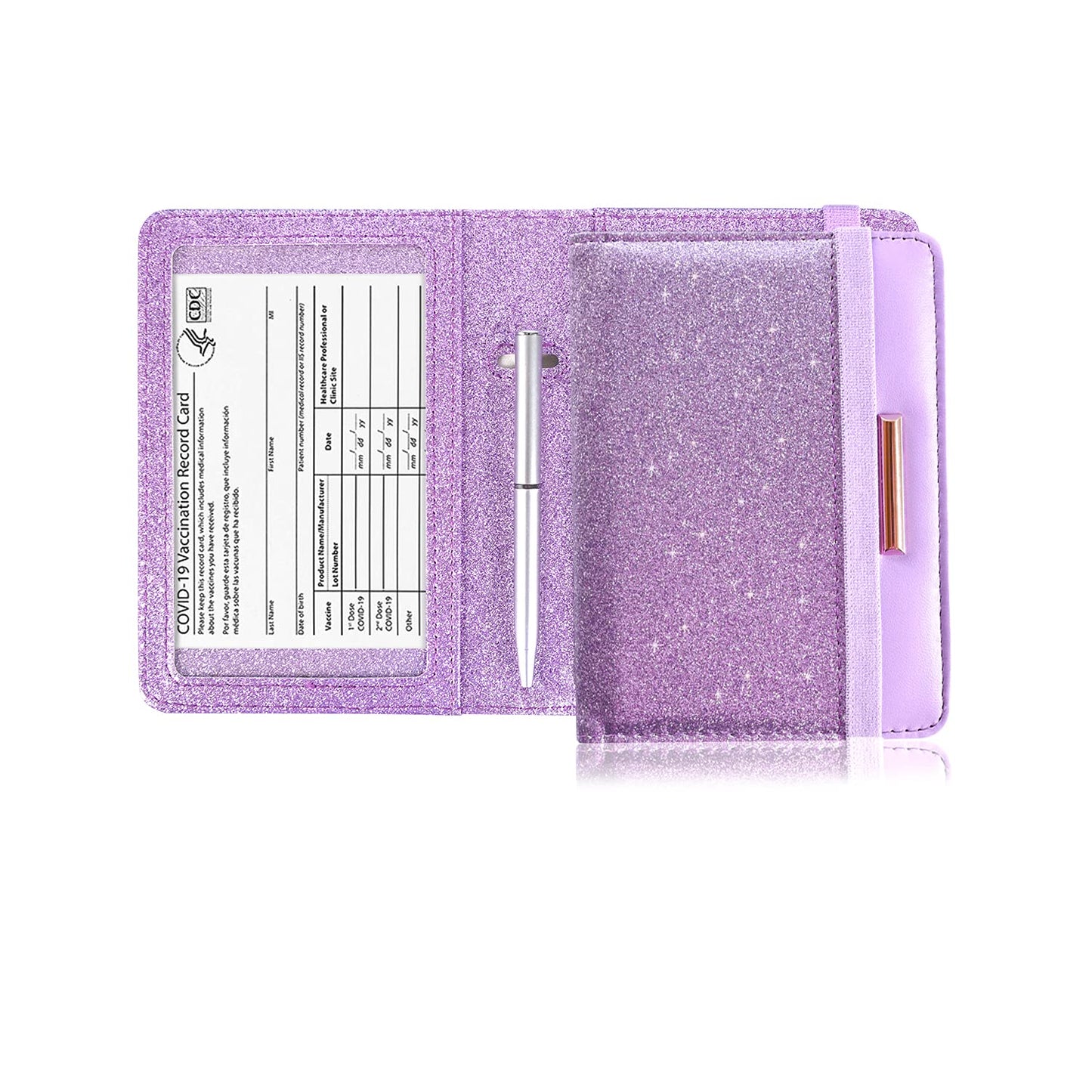 Caweet Passport Holder and Vaccine Card Holder Combo RFID Blocking Leather Vaccination Card Wallet with Elastic Band Closure, Glitter Purple