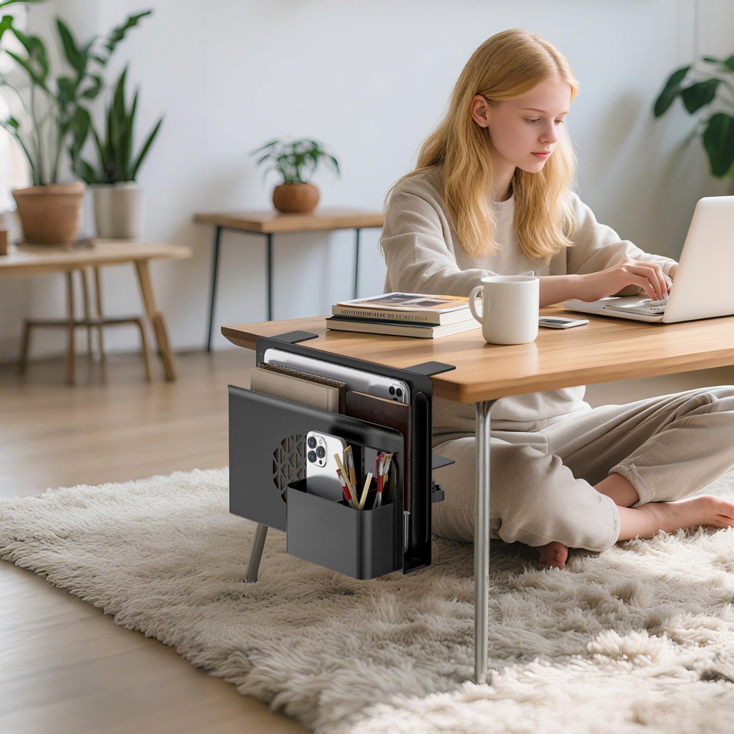 Josmimic Desk Side Storage, Metal Laptop Holder with Magnetic Pen Box, Clamp-On Under Desk Organizer with Cooling Holes & Anti-Scratch Pads for Office and Home (Black)