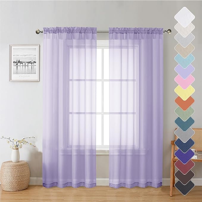 Lecloud 72 Inch Light Purple Sheer Curtains & Panels Set of 2, Airy & Breathable Solid Voile Lavender Curtain for Girls Bedroom, Gauzy Window French Door Living Room Drapes with Rod Pockets, 40W x 72L