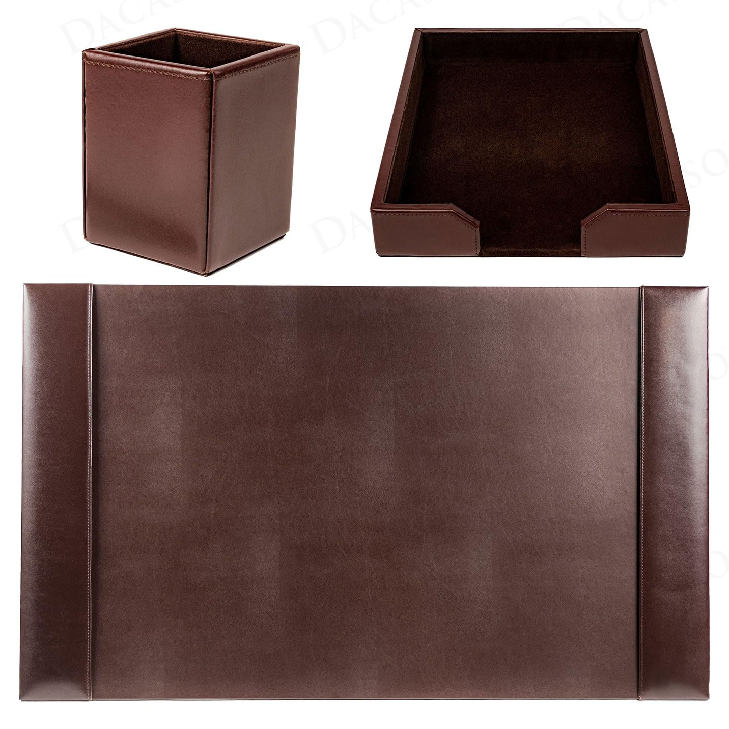 Dacasso Brown Bonded Leather Luxury 3 Piece Desk Set - Blotter Pad & Desk Organization Essentials - Executive Decor and Surface Protector