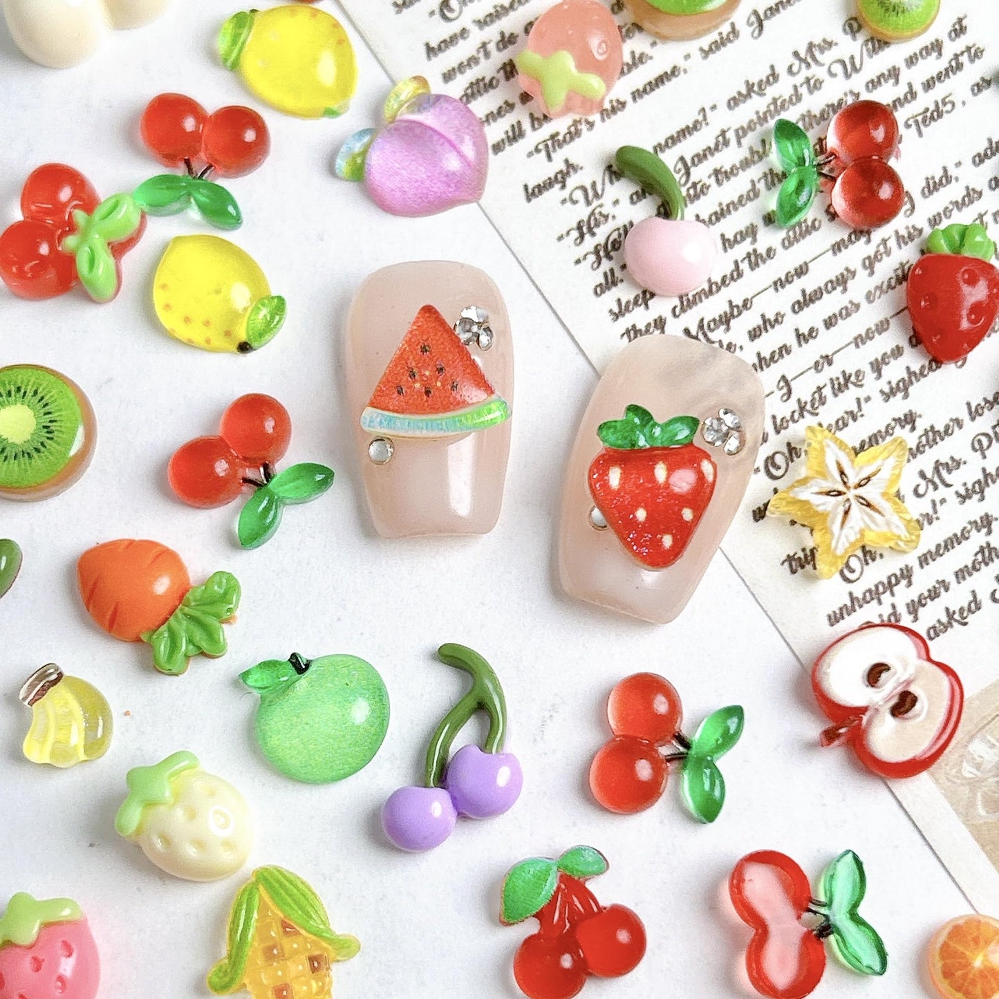 100PCS Resin Fruit Nail Art Charms 3D Kawaii Strawberry Nail Charms Assorted Cherry Lemon Grapes Peach Banana Watermelon Summer Flatback Nail Rhinestones for DIY Craft Nail Art Decoration