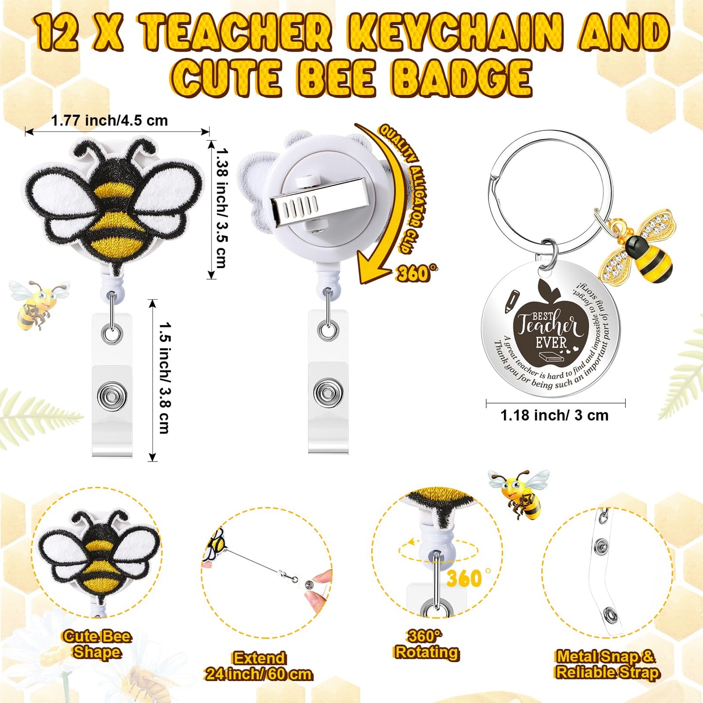 Spakon 12 Set Appreciation Gifts 12 Bee Retractable Badge Holder Clips Bee Keychains Thank You Cards for Valentine Day Office