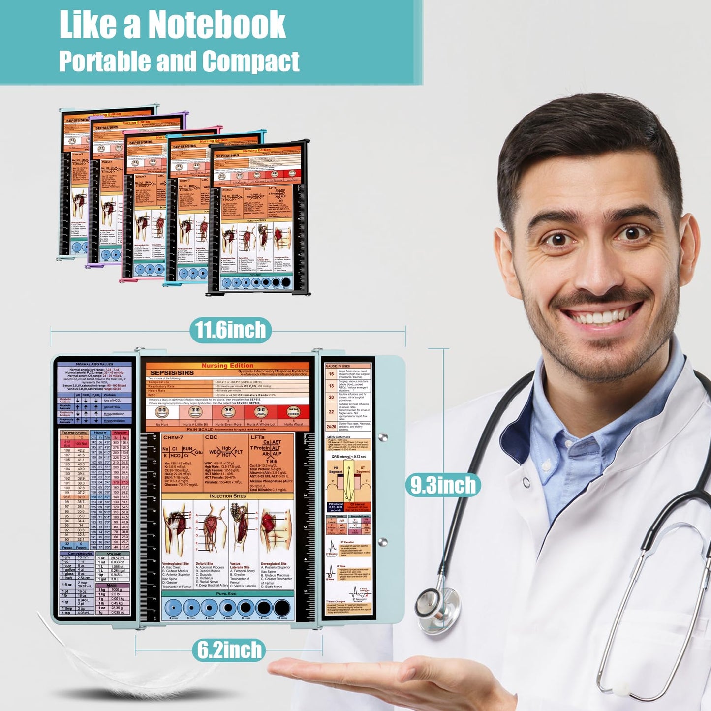 Nursing Clipboard Foldable,Nurse Clipboard 3 Layers Aluminum w/Nursing Medical Edition Cheat Charts, Foldable Nursing Clipboard w/Low Profile Clip,Pocket Clipboard for Students/Nurses/Doctors,Mint