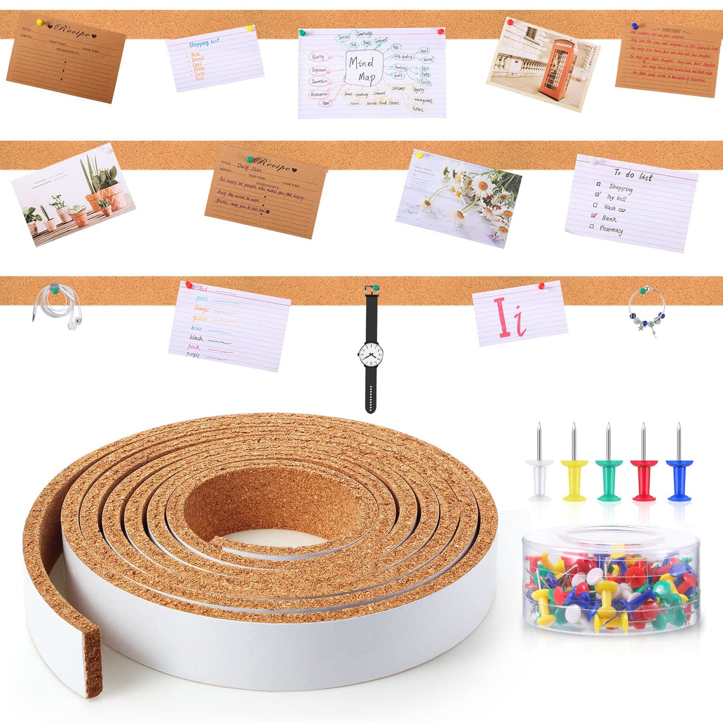 Nuanchu 158 x 1.6 Inch Cork Strips Bulletin Bar Strips Frameless Cork Board with 1 Roll Double Side Tape 100 Push Pins for Classroom Walls School Home Office Notes Photos Decorations(Brown)