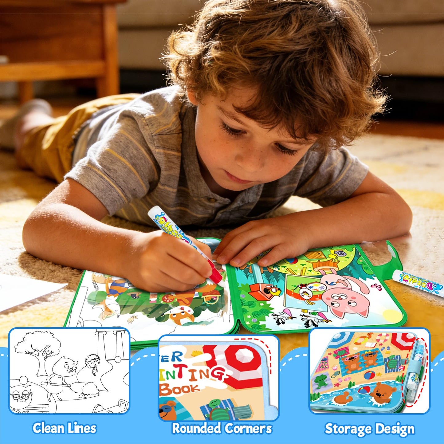 Elfew Water Painting Book for Toddlers 1-3,Mess Free Coloring for Toddlers,2 Pack Reusable Water Coloring Books with Water Pens,Magic Doodle Books
