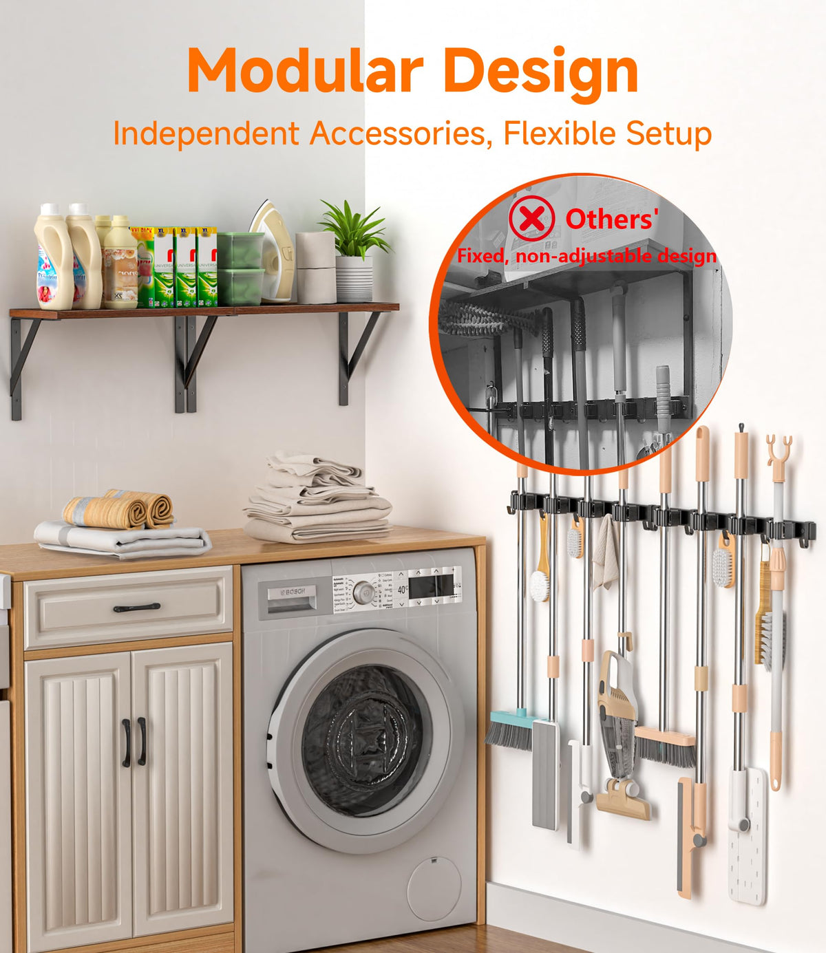 1Pack Broom Holder with Organizer Shelf 4 Broom Slots 5 Removable Hooks