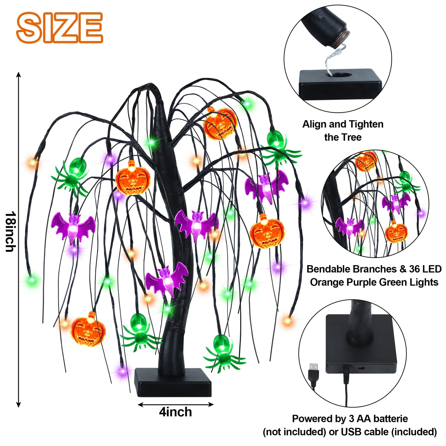 Halloween Table Decor 18 Inch 36 LED Halloween Willow Tree with Pumpkin Bat Spider Lights, Timer/USB/Battery Operated Black Halloween Tree Spooky Halloween Decorations Indoor for Home Party Room Gifts
