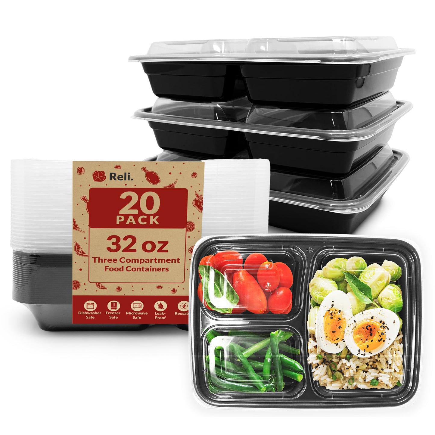 Reli. Meal Prep Containers 32 oz (20 Pack) 3 Compartment Meal Prep Containers Reusable, Microwave Safe | Plastic Togo Box for Food | Mealprep Box for Takeout, To Go, Leftover, Food