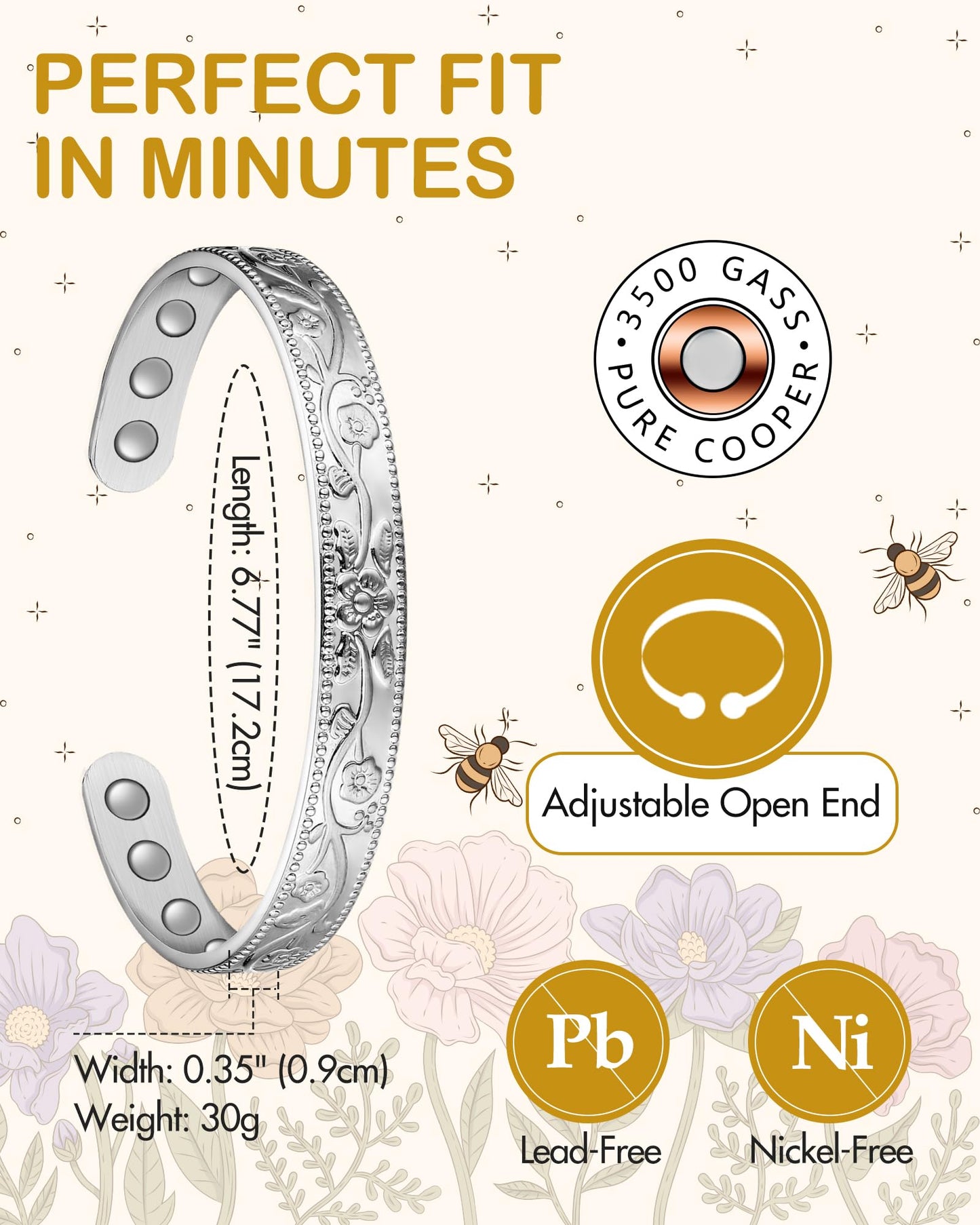 Feraco Copper Bracelet for Women with 3500 Gauss Neodymium Magnets