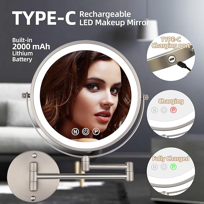 9" Wall Mounted Lighted Makeup Mirror with Magnification, 1X/10X Magnifying Mirror with Light, 3 Color LED 2000mAh Rechargeable Light Up Magnifying Nickel Extendable