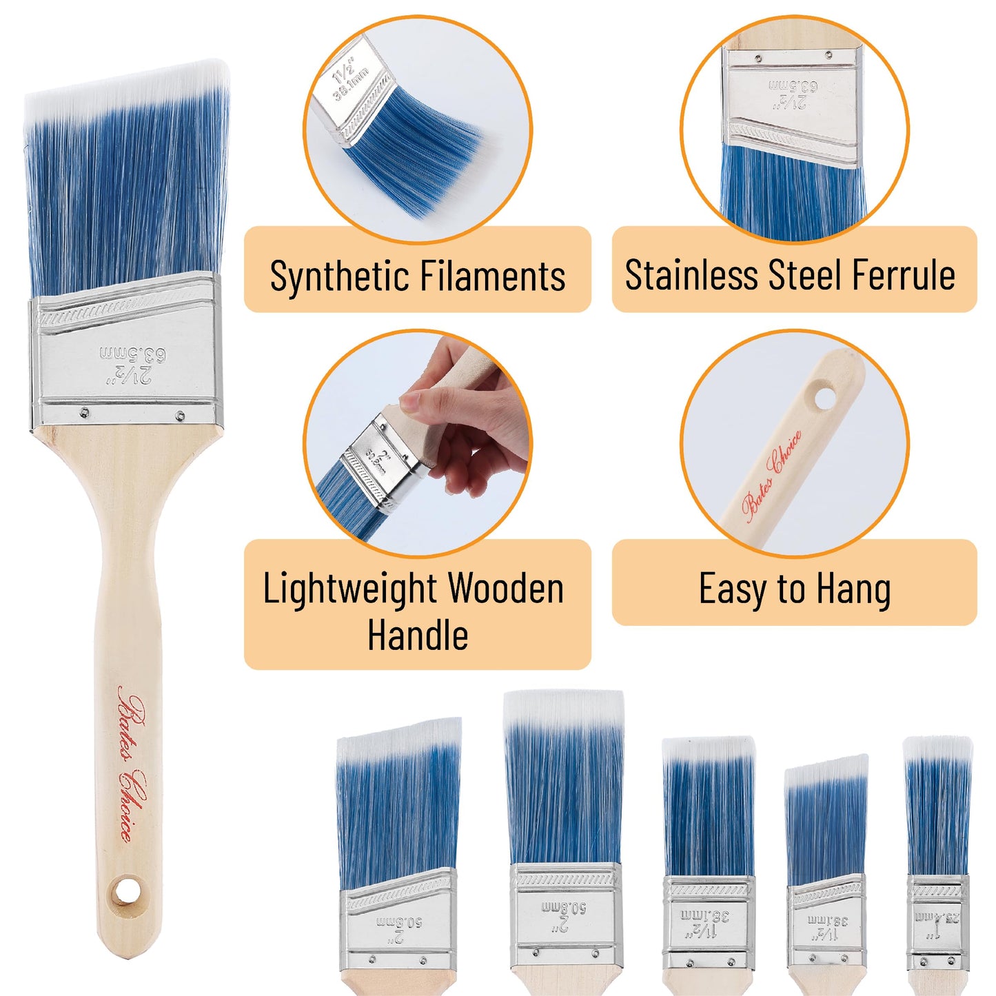 Bates Angle Paint Brushes - 1.5-Inch, 12 Pack, Treated Wood Handles for Walls, Furniture & Stain