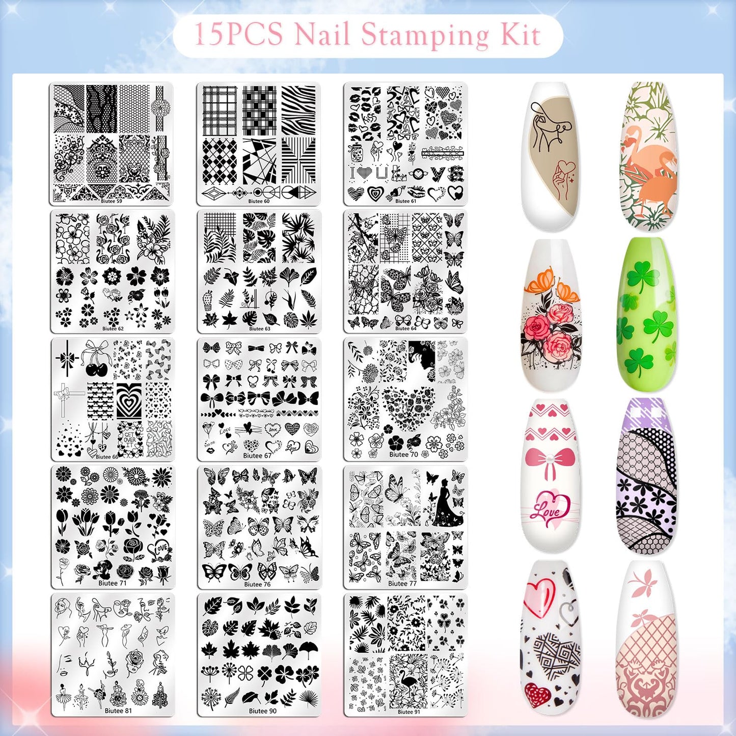 Biutee Nail Stamping Plates Set 15PCS Nail Stamper Kit with Nail Stamper, 2pcs Scraper & Storage Bag Nail Art Stamping Plates Butterfly Star Flower Leaf Bowknot Design Nail Stamping Kit