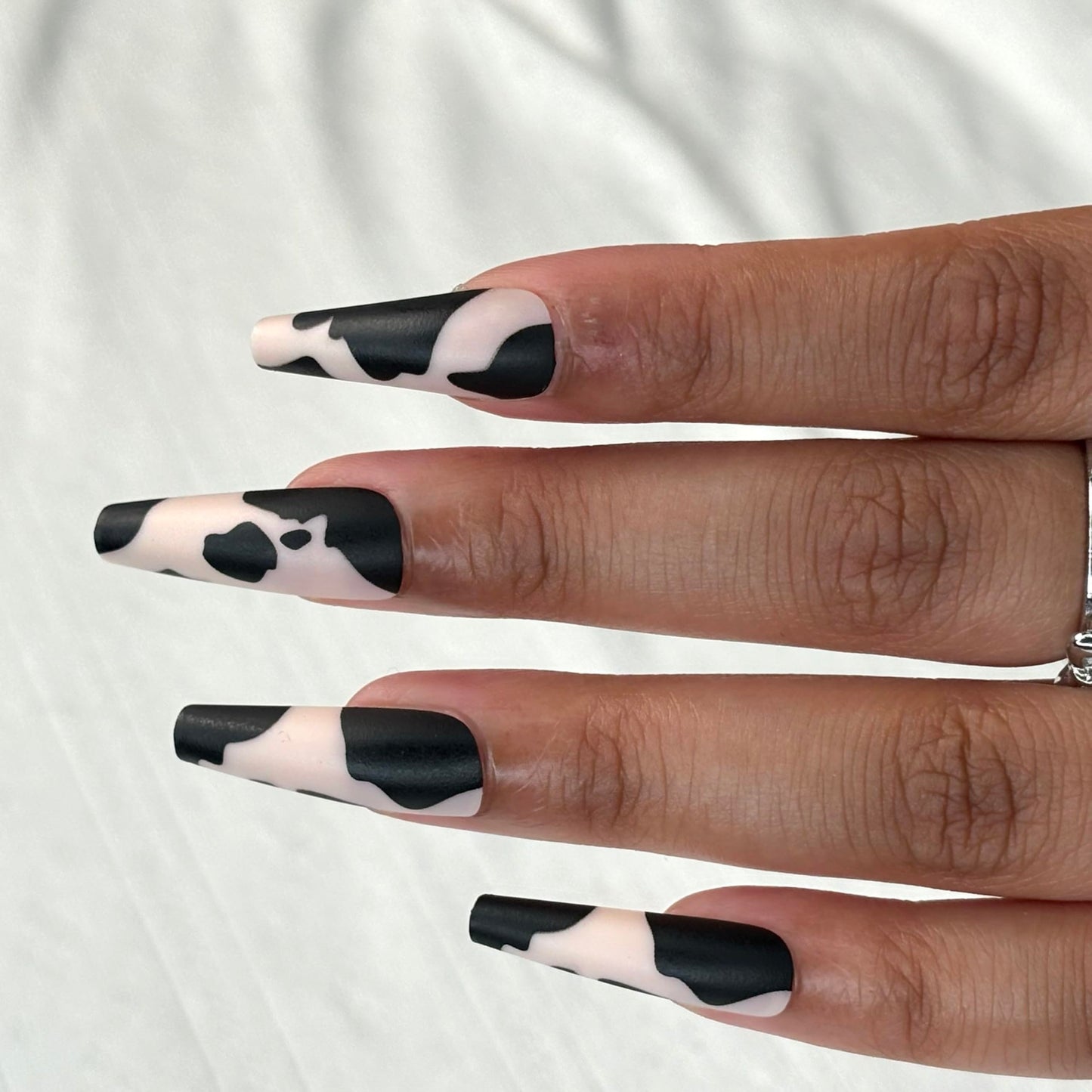 CUTE MOOOOOD Premium Press-On Nails by Lavaa Beauty | Extra-Long Coffin | Black Animal Print on Matte Nude Base