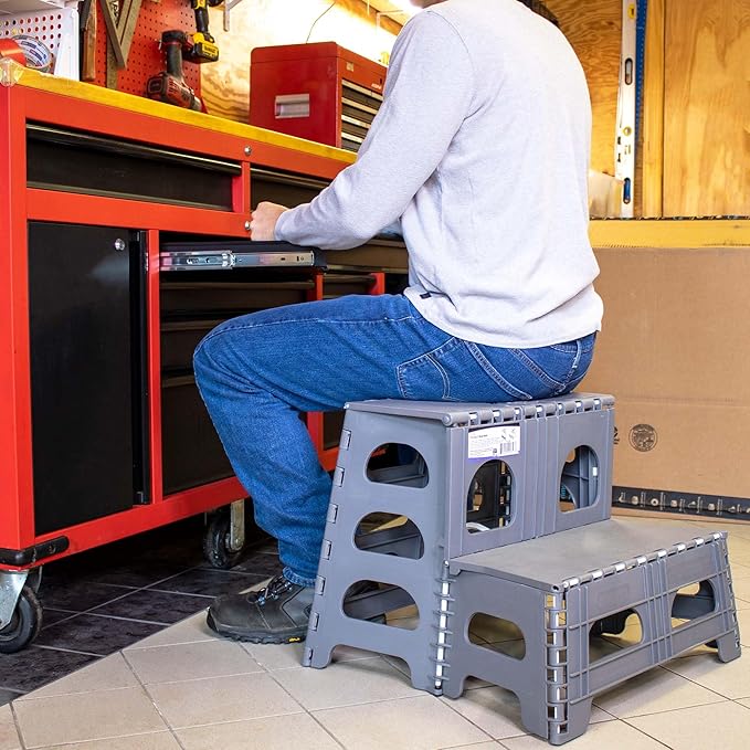 Bee Neat Folding 2 Step Stool for Adults - Collapsible & Foldable Step Ladder for Office, Garage, Closet, Bathroom - Non-Slip & Wide Stepping Stool Supports 300lbs - Industrial - Gray