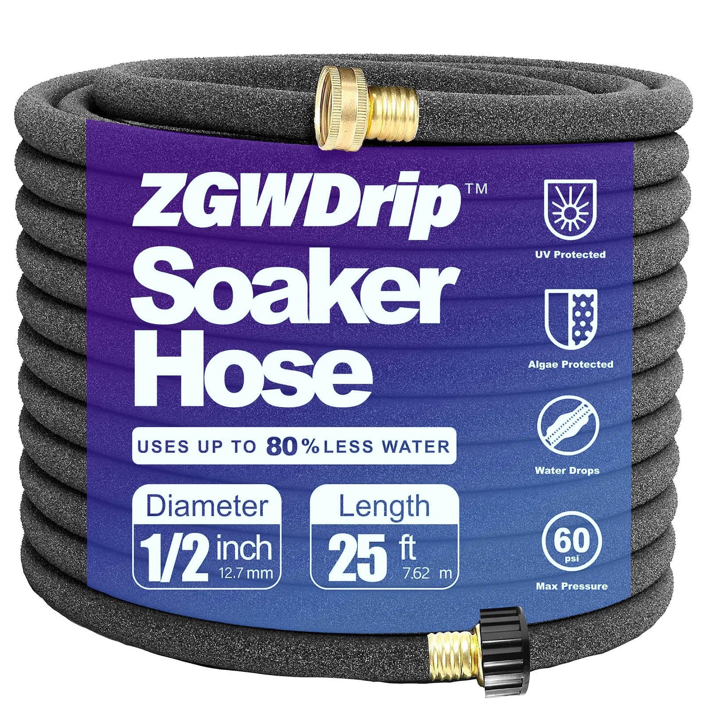 ZGWDrip 25FT 1/2" Water-Saving Soaker Hose with Solid Brass Connectors, Drip Irrigation Kit for Lawn & Yard