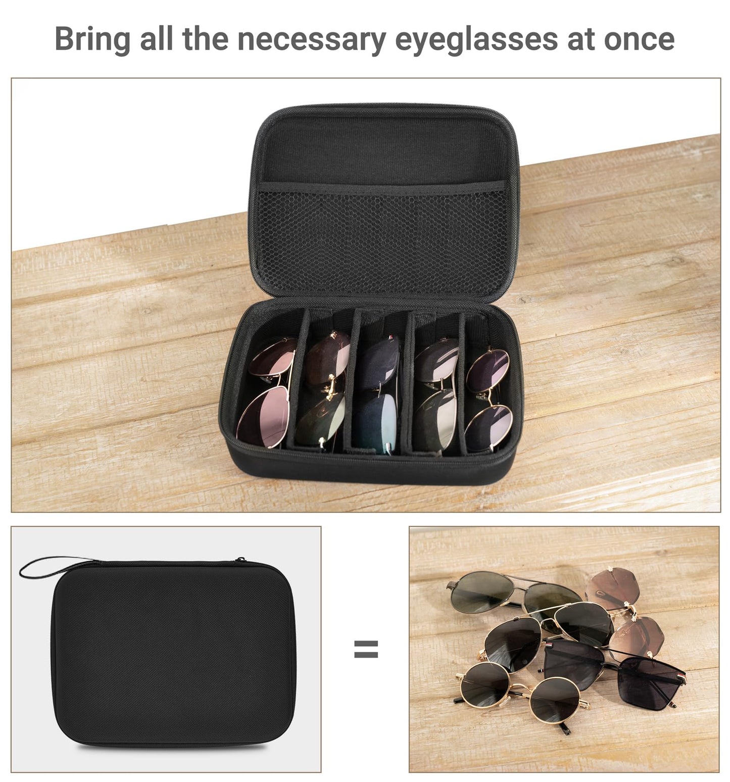 Mkono Travel Sunglasses Organizer Glasses Case Multiple Pairs with Adjustable Slots Portable Eyeglasses Case Storage Box for Men Women, Medium, Black