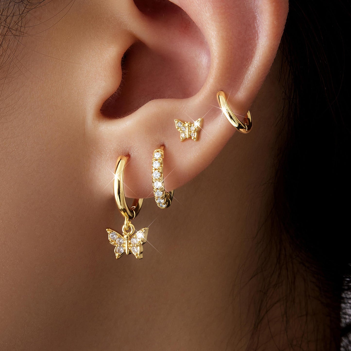 Gold Butterfly Earrings for Women, Huggie Small Stack Cartilage Stud Hoop Earring Sets for Multiple Double Piercing, Conch Helix Rook Tragus Daith Piercing Gold Clip On Jewelry Set Gifts