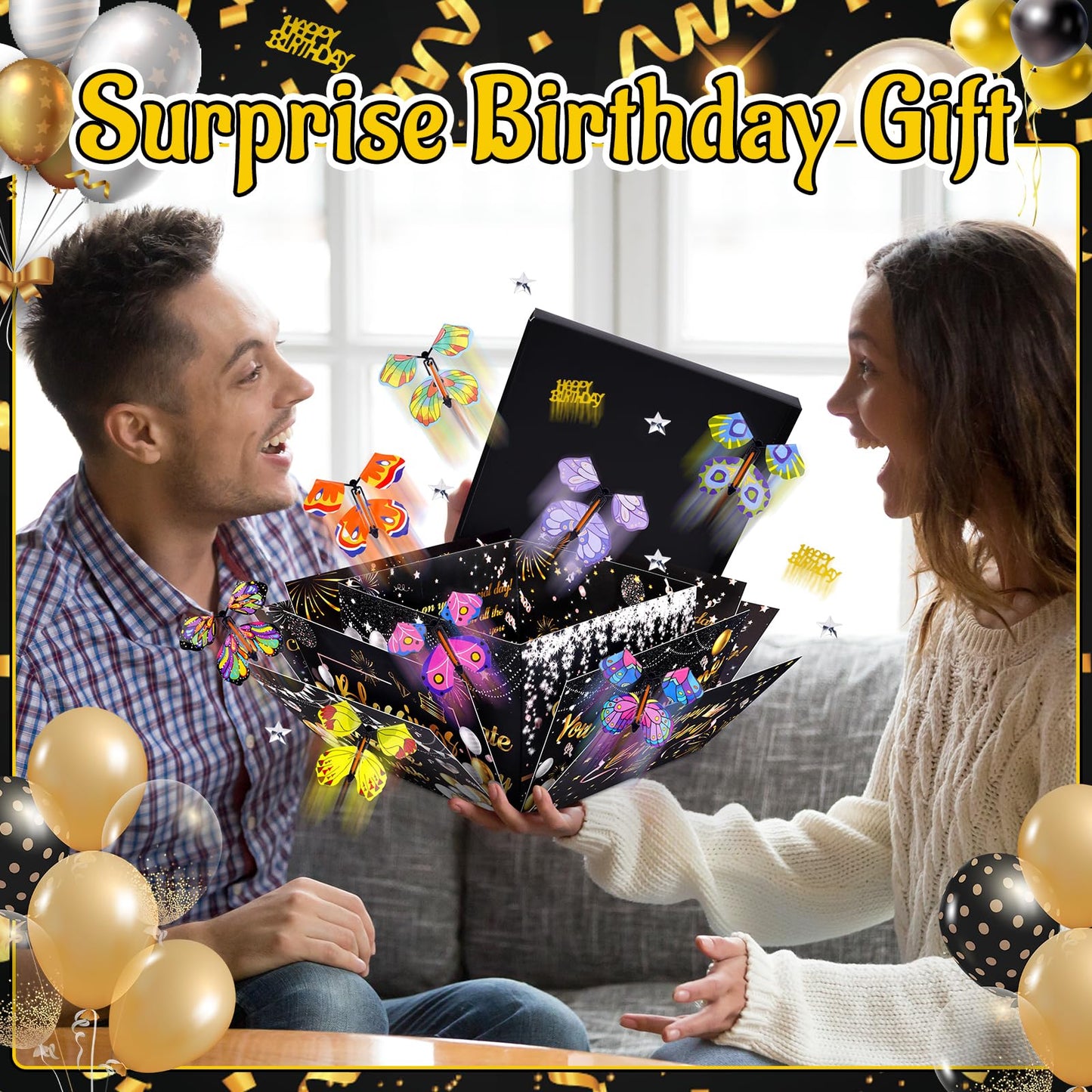FVNPIHAM Surprise Gift Box Explosion, Birthday Flying Butterfly Explosion Gift Box with 8 Colorful Butterfly Sequins Raffia, Exploding Gifts Boxs for Birthday Gifts Wrapping