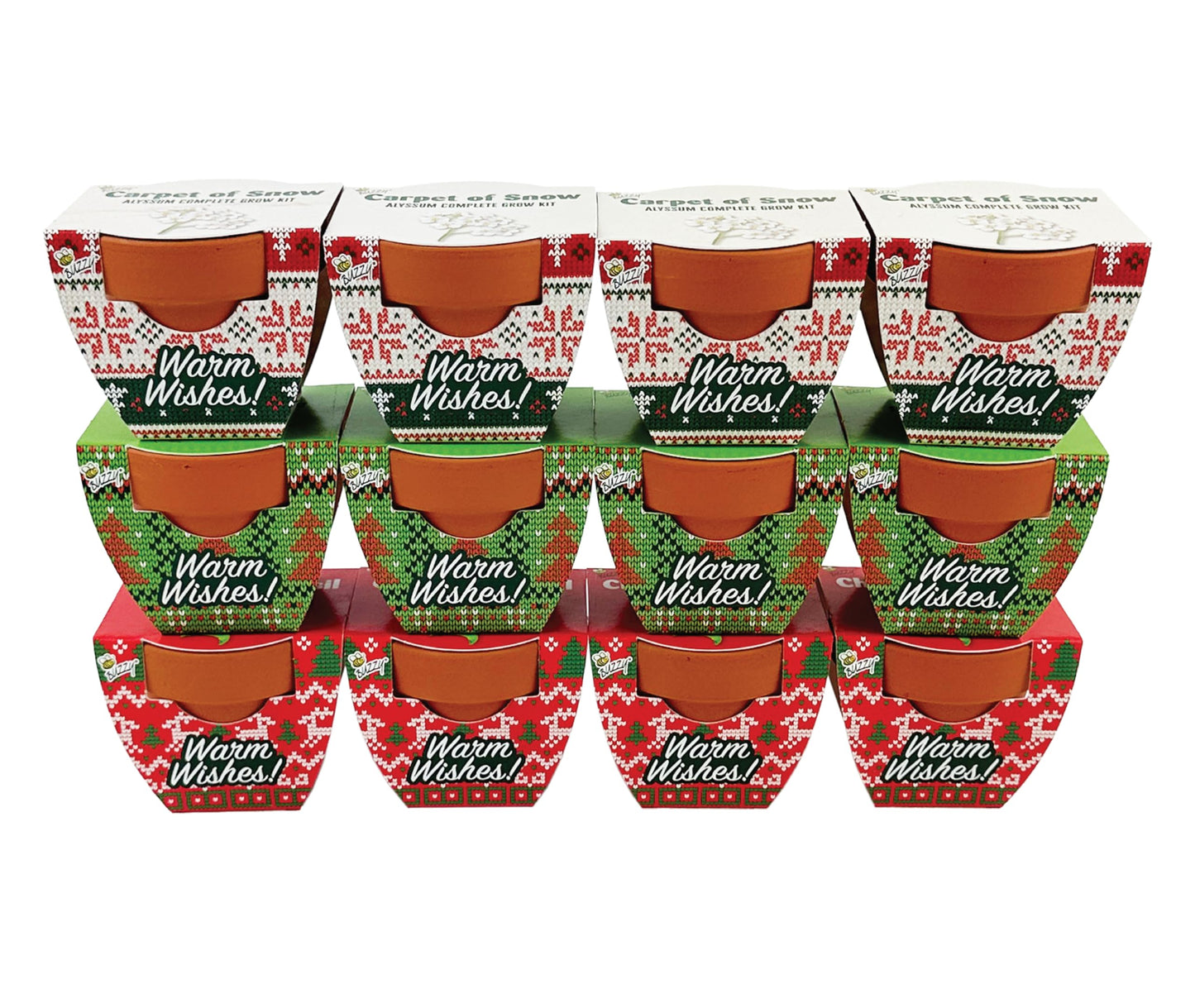 BUZZY Seeds Sweater Pattern Mini Terracotta Pots Grow Kit, 12-Pack Assorted Christmas Basil, Spruce, and Alyssum Seed Packets, Indoor Plant Starter Set, Stocking Stuffers, Party Favors