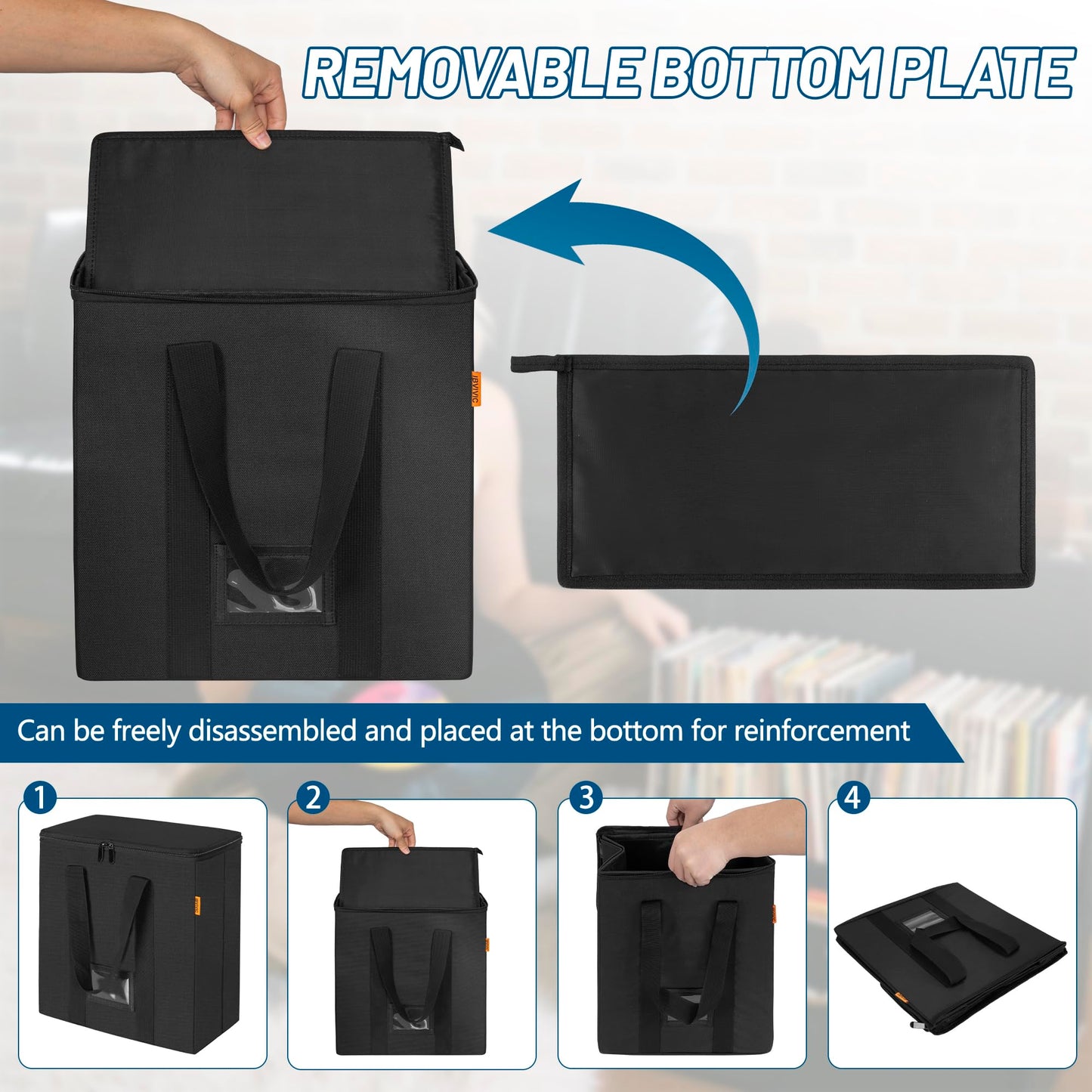 IBVIVIC Vinyl Record Storage Box with Lids and Handle Vinyl Album Storage Case Bag for 7/10/12 inch LP, Collapsible Crate Holds up 50+ Single Record (Black)