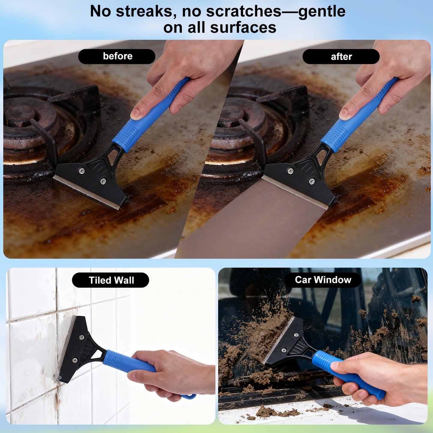 3-in-1 Professional Window Squeegee Kit with 2 Squeegee, 2 Microfiber Scrubber, 1 Razor Scraper, Thick Iron, 63.4" Window Squeegee with Extension Pole for Car, Glass, Mirror, Wall, Bathroom, Home, Van