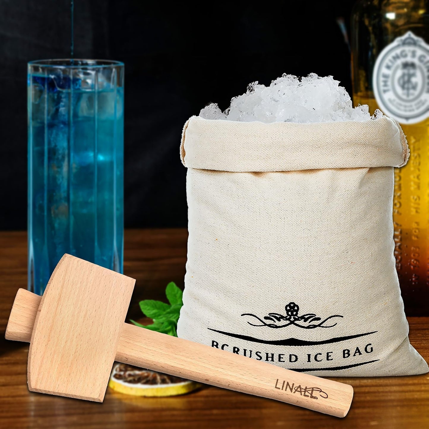 Lewis Ice Bag and Mallet for Crushed Ice, Canvas Bag & Wooden Mallet Bar Tools Bartender Kit, Ice Crushers for Home Use