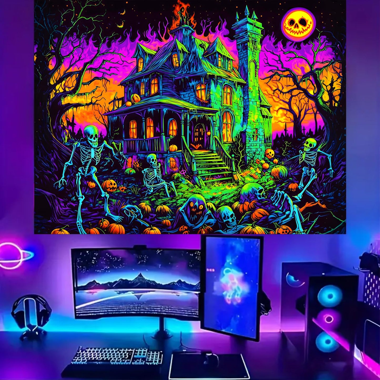 BSFHH Black Light Tapestry – UV Reactive Glow in the Dark Wall Hanging, Spooky Night Scene with Ghosts & Pumpkins, Haunting Home Decor for Parties, Bedroom, or Dorm (Ghost House, 90L x 70W, Unframed)