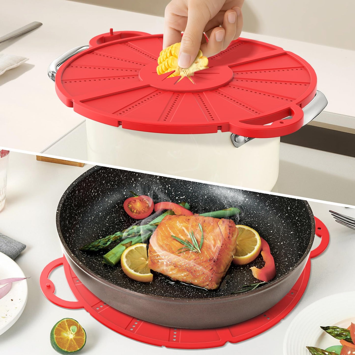 Silicone Splatter Screen for Frying Pan, Foldable Splash Guard, Multi-Use Grease Splatter Guard,Heat-Resistant Trivet Mat, 12" Non-Stick Oil Splatter Guard, Dishwasher Safe, BPA Free-red