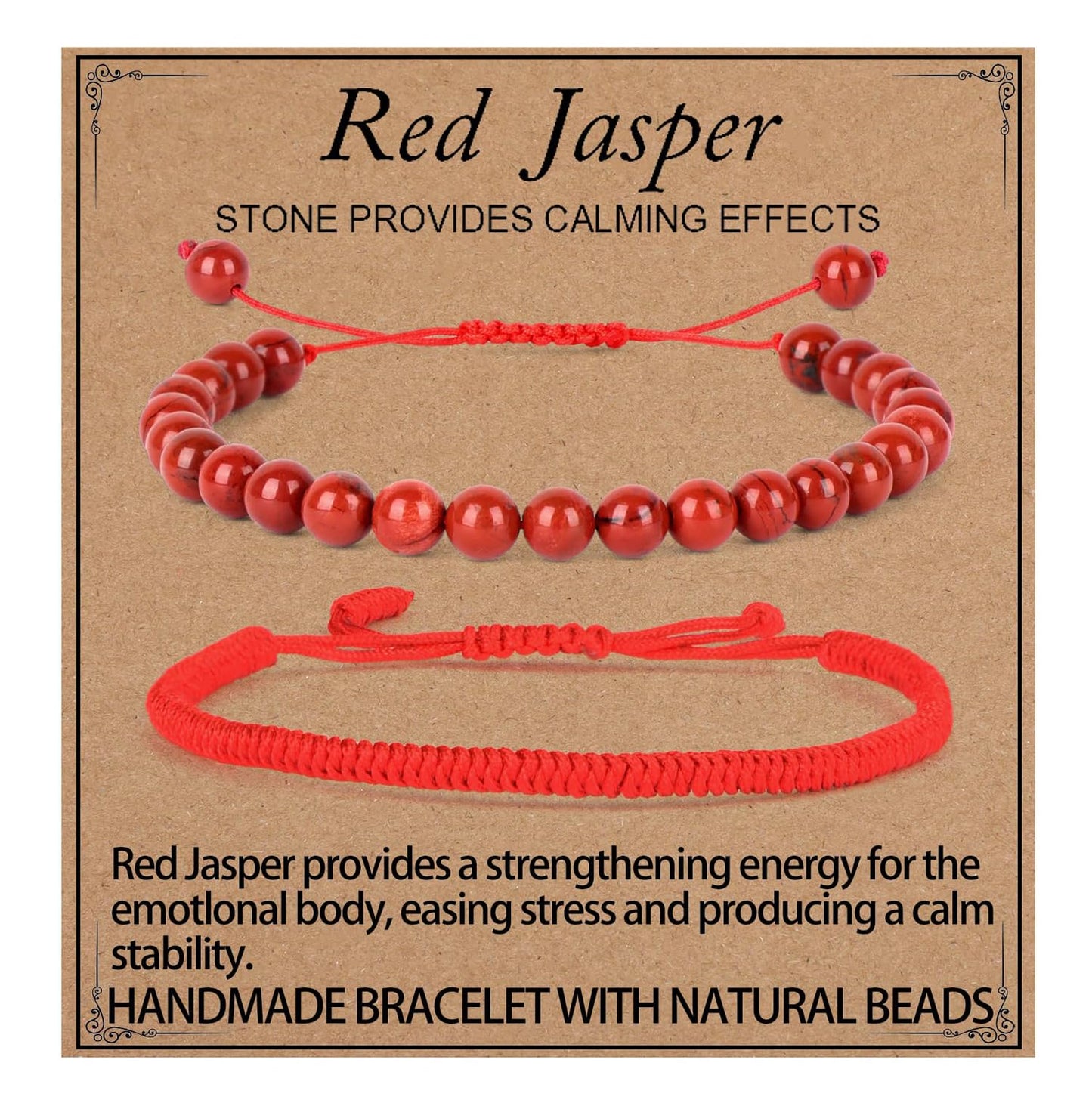 LPBeads 6mm Red Jasper Bracelet with Handmade Rope Bracelet Size Adjustable Natural Stone Crystal Healing Bracelets Gifts for Unisex Adults