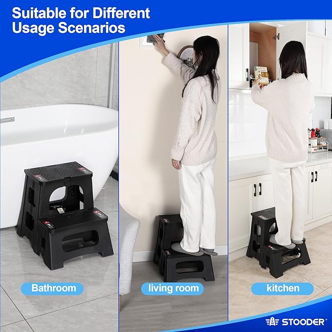 Folding 2-Step Stool - Upgraded Stable A-Frame, Safety Lock, Anti-Slip Rubber Feet, 300lb Capacity, No Assembly - 8" 17" Step Stools for Kitchen, Bathroom, Bed, RV, Home, Office (Black)