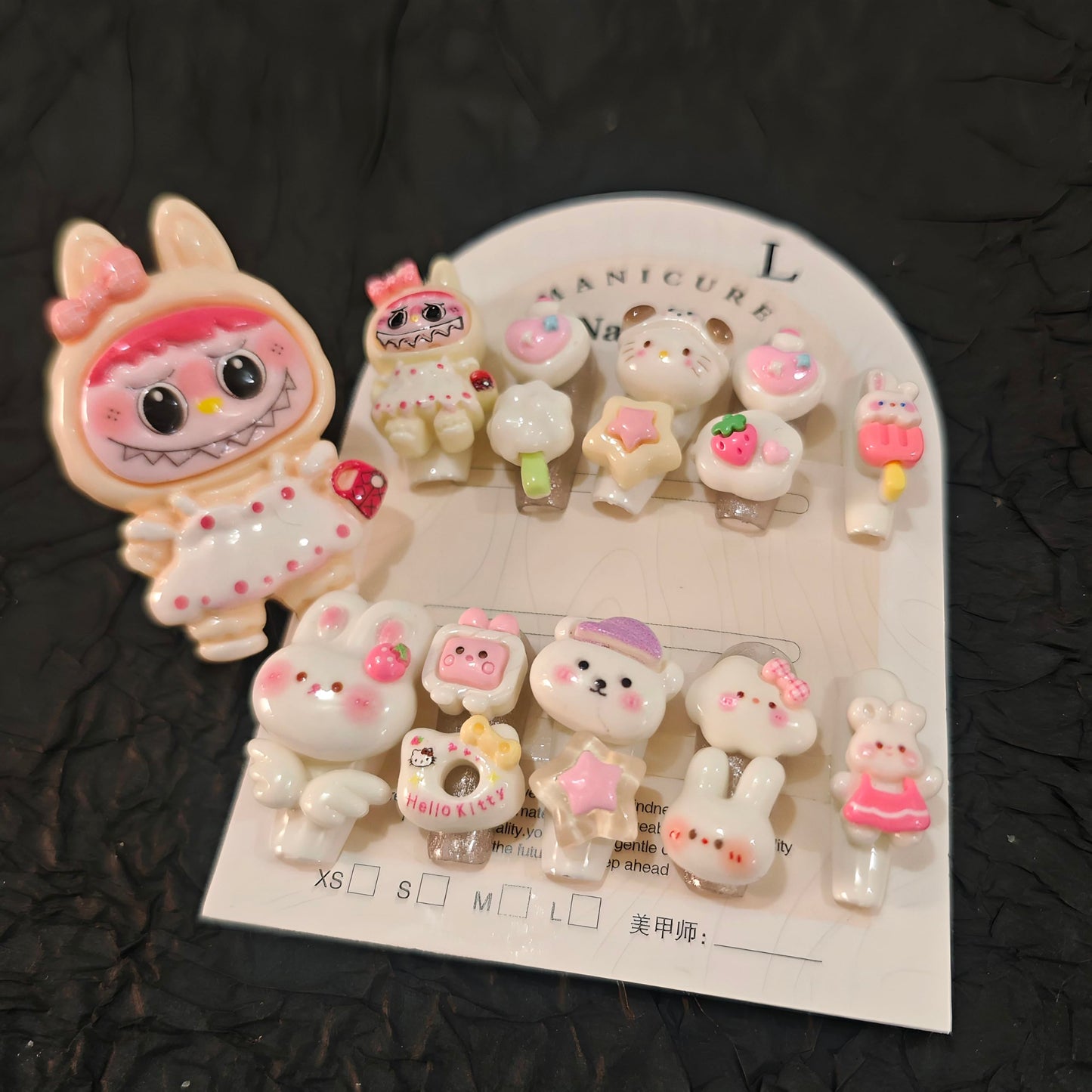 11Pcs(1Pack) Handmade Press On Nails Medium Oval Nails 25mm Sweet Plush Nails Cream White Pastel 3D Bow Flower Glossy Cute Style with Ring for Women Party Holiday Daily Wear Size L