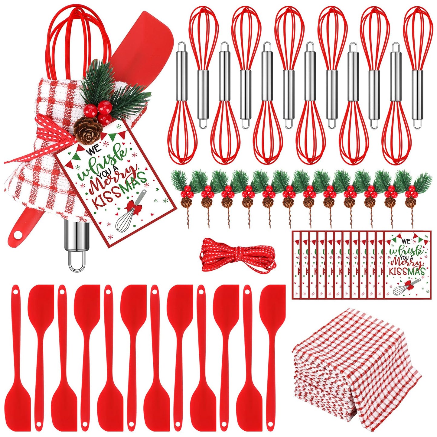 60pcs/12sets Christmas Whisk Spatula Baking Gift Sets Include Silicone Spatula Stainless Steel Whisk Greeting Card Pine Branch Plaid Towel Christmas Kitchen Utensils for Neighbor Cooking Essentials