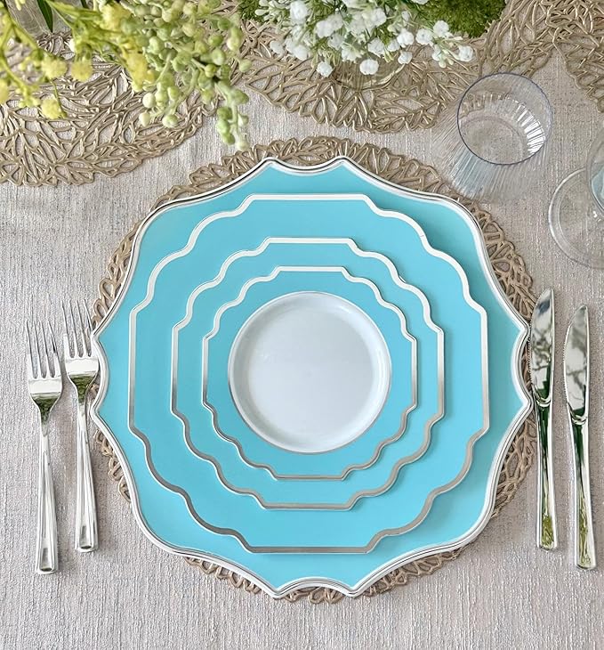 " OCCASIONS " 10 Pieces 13.25'' Scalloped Disposable/Reusable Plastic Charger Plates for Wedding, (Scalloped Imperial Turquoise Blue/Green & Silver)