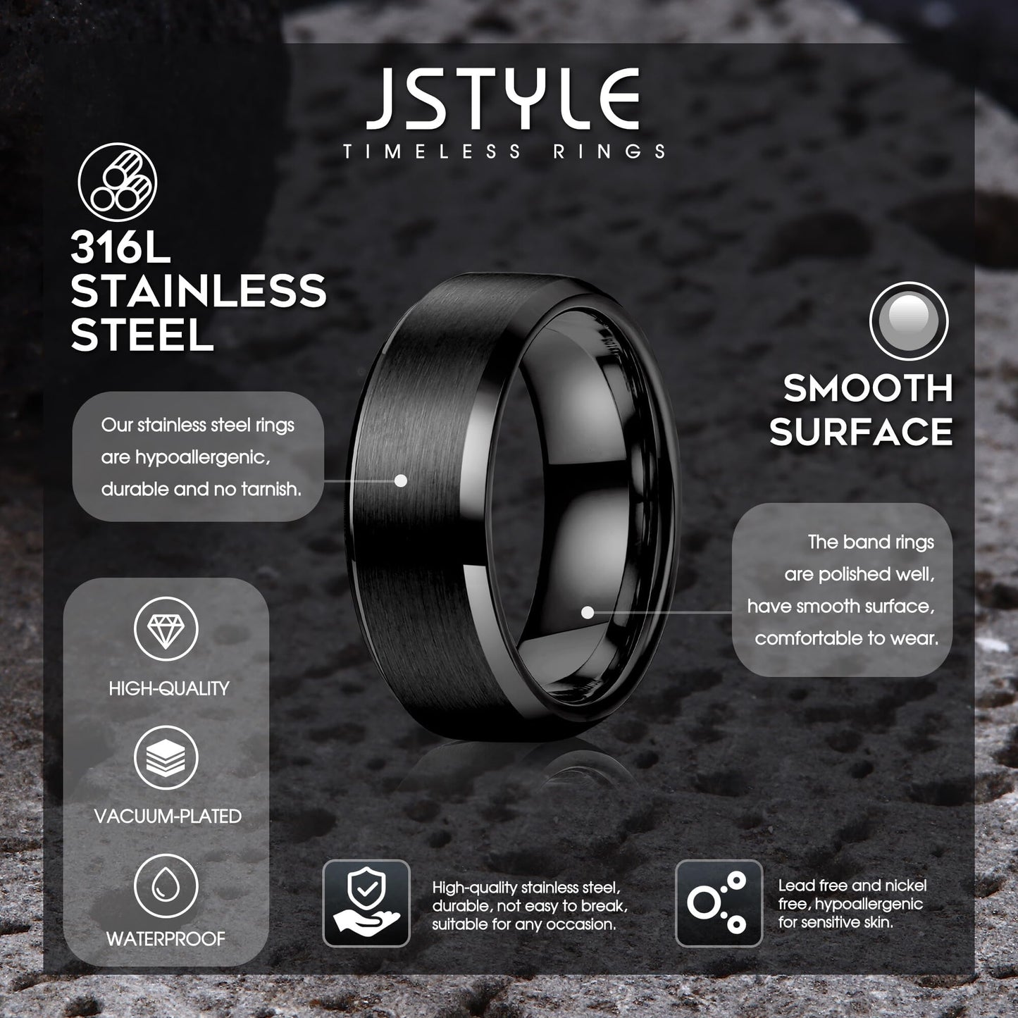 Jstyle Stainless Steel Rings for Men Women 8MM Wedding Band Rings Matte Surface - Beveled Polished Edge Mens Ring Size 7 Black Ring for Men