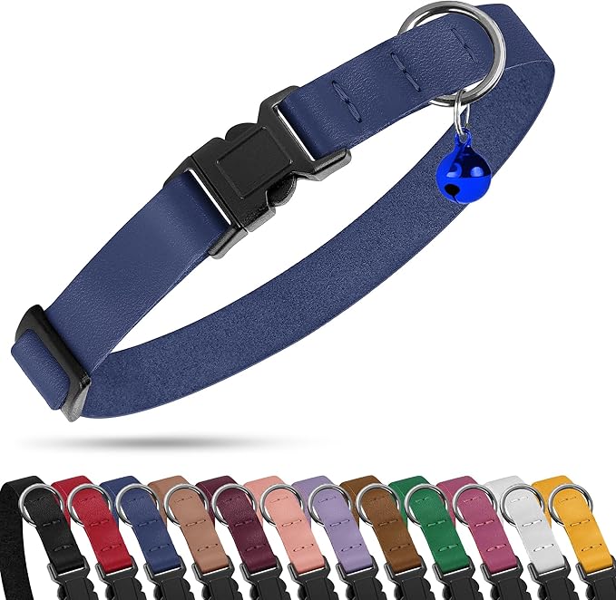 Breakaway Cat Collar with Bell - Leather Adjustable Kitten Collars with Safety Quick Release Buckle - Soft Small Pet Collars for Girl & Boy Cats (Green)