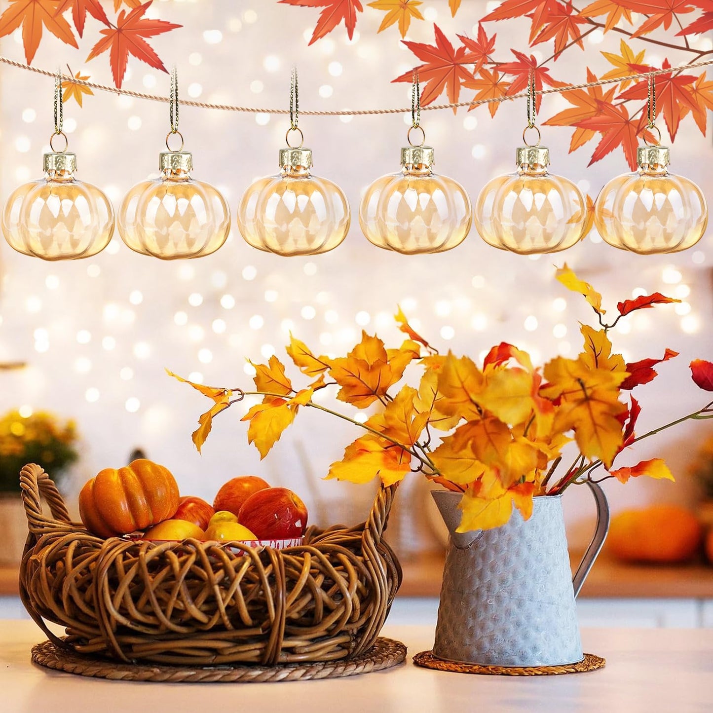 YiYa 12 Pcs Fall Pumpkin Ornaments Glass Pumpkin Hanging Ornaments for Tree Thanksgiving Tree Ornament Set for Autumn Thanksgiving Halloween Xmas Home Decoration