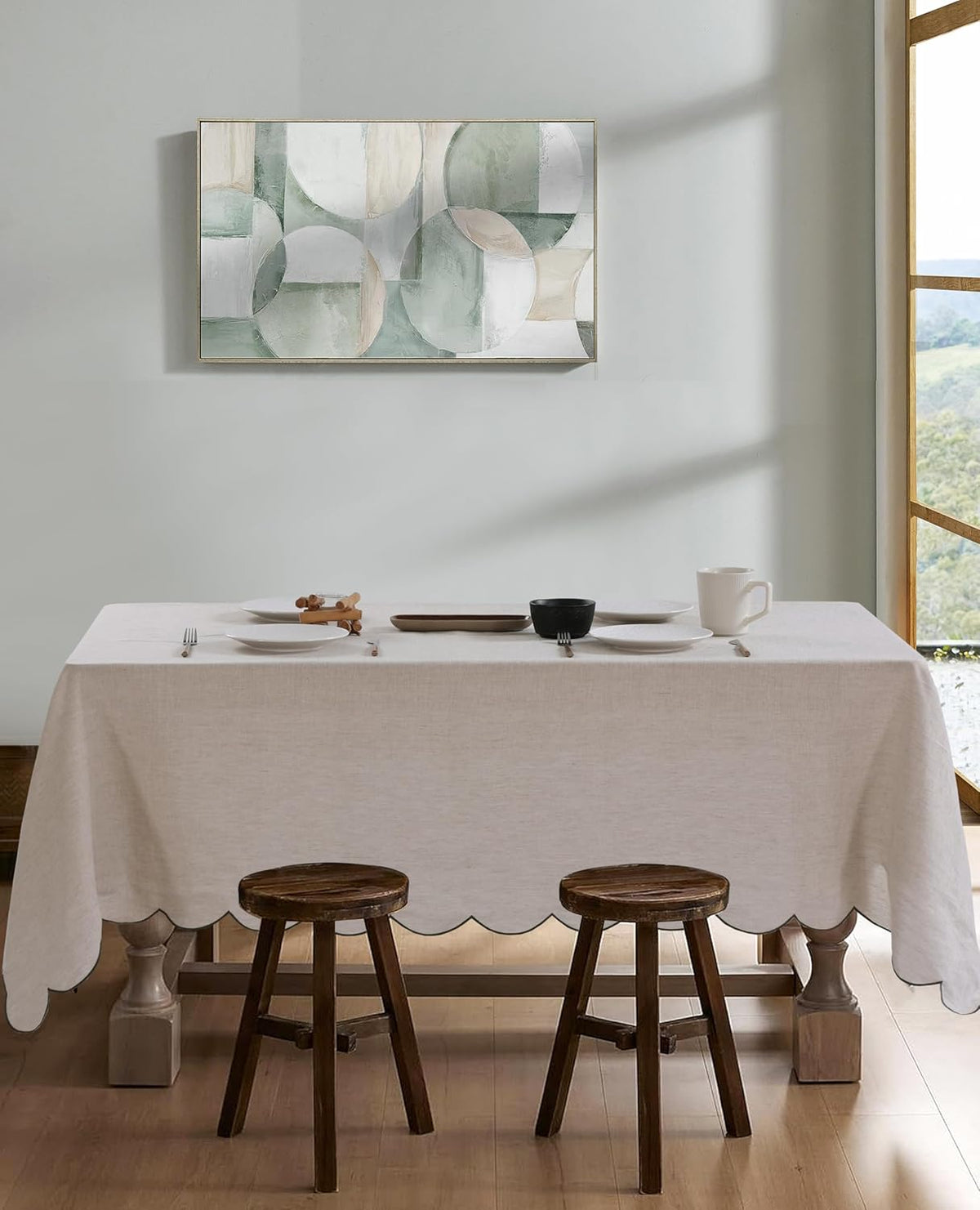 100% French Flax Linen Tablecloths Scalloped Embroidery Rectangle 144Lx60W Inch for Dinners, Parties, Spring, Machine Washable, 12-14 Sets, Linen(Edges-Green)