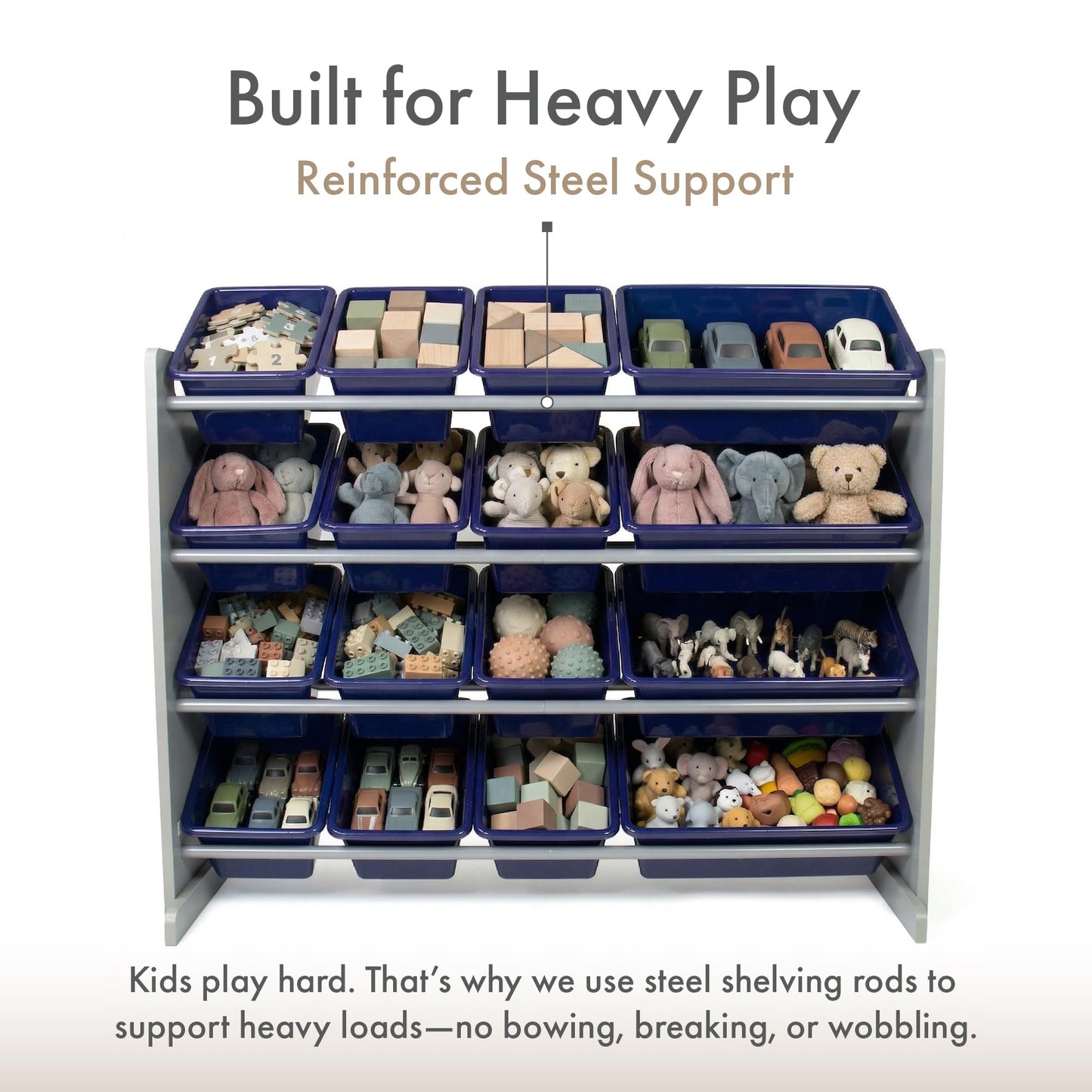 Humble Crew Toy Storage Organizer with 16 Removable Storage Bins for Kids Playroom, 4-Tier Toddler Toy Organization, Grey/Navy