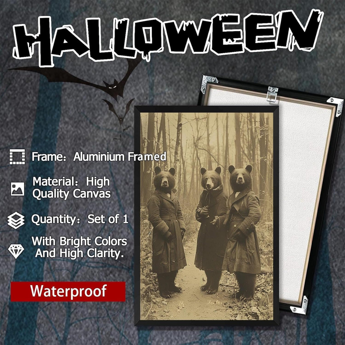 Vintage Horror Halloween Wall Decor Spooky The Three Bears In Occult Forest Spooky Canvas Wall Art Poster Gothic Dark Academia Decorations Room Creepy Print 12X16inch Aluminum Framed