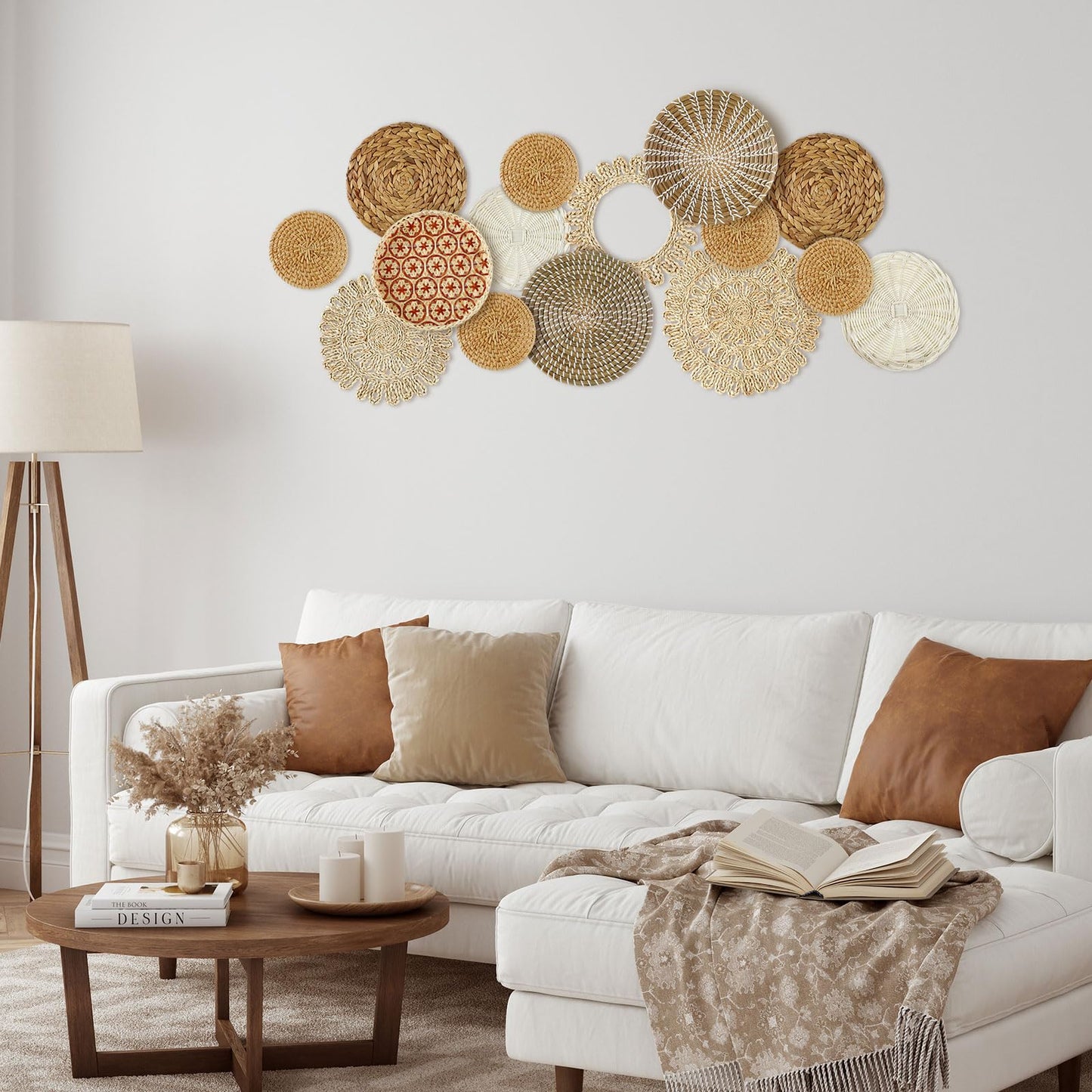 Xuhal 15 Pcs Boho Wall Basket Decor Handcrafted Seagrass Woven Wall Basket Rustic Round Woven Hanging Art for Home Farmhouse Kitchen Table Living Room(Fresh Style)