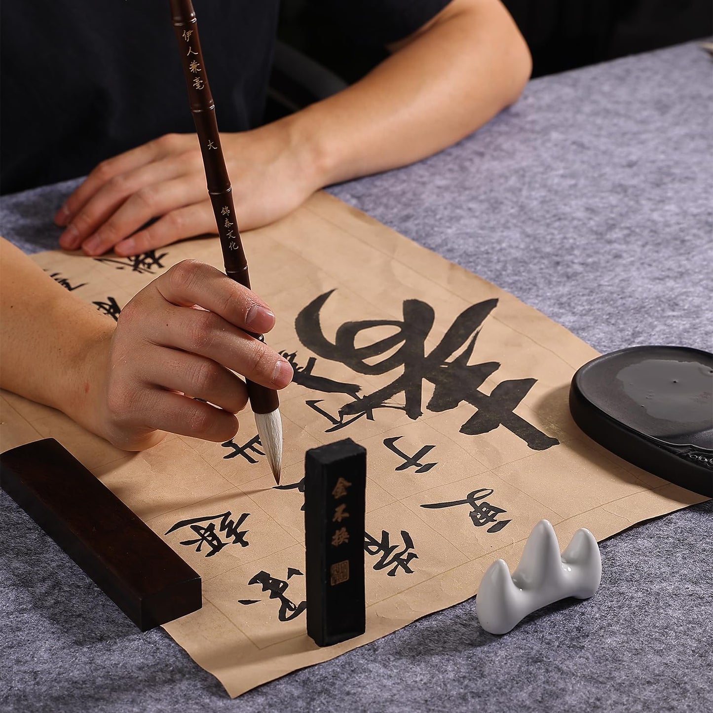 Buart 13pcs set Portable Chinese Calligraphy Set For beginner, Brush, Ink,Writing Paper, Inkstone, Sumi set with Roll-up Felt Mat For Calligraphy class