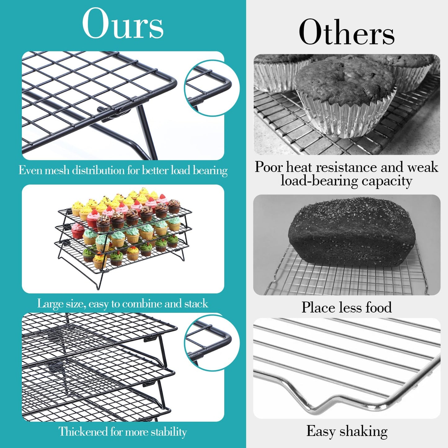 Kifmurase 3PCS Stackable Cooling Rack for Baking, 13.3 x 9.3 Inch Carbon Steel Wire Rack with Folding Legs for Cookie Cake Pizza Jerky, Multi-Use Bread Oven Racks for Cooking Roasting Drying Grilling