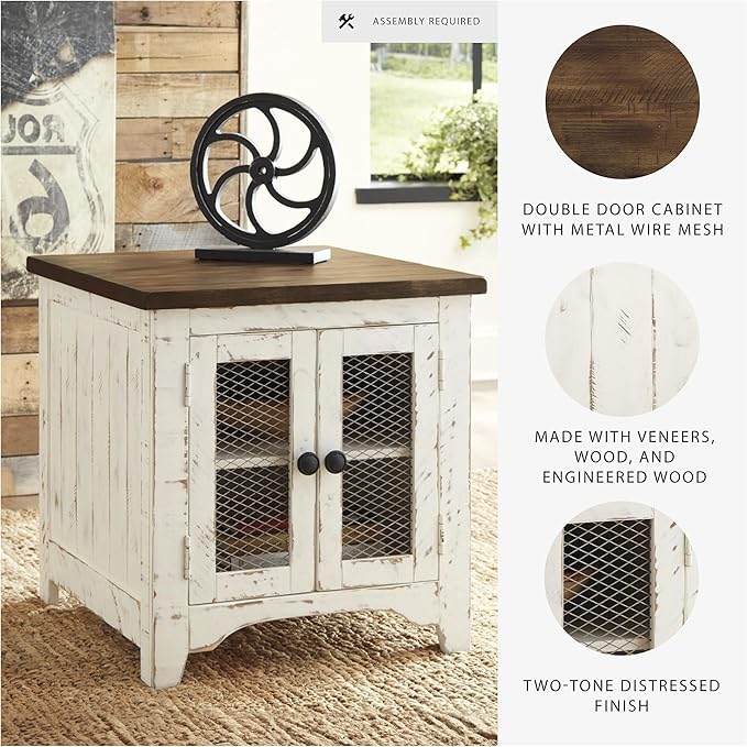 Signature Design by Ashley Wystfield Farmhouse End Table with Storage, Distressed White & Brown Finish