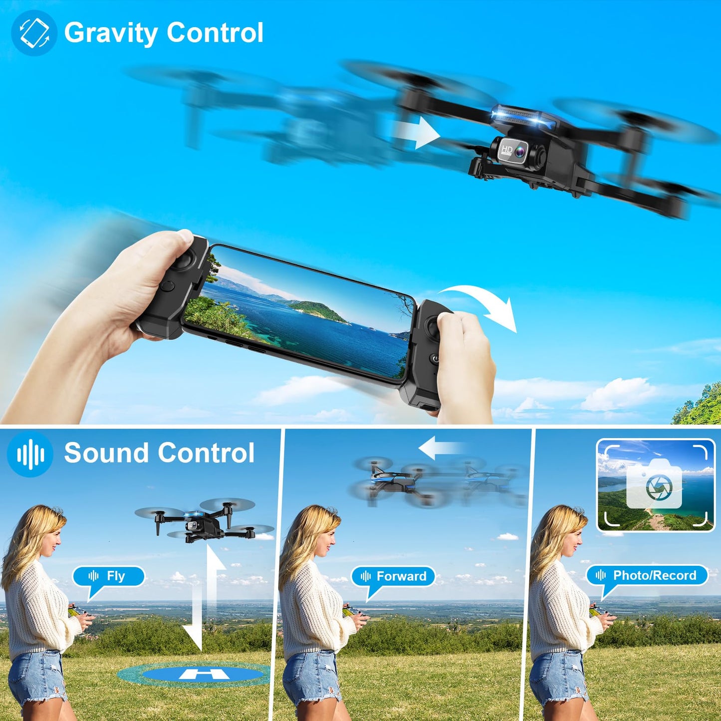 Drone with 1080P Camera - Foldable Remote Control Quadcopter with Gesture Control, 3D Flip, One Key Start, Emergency Stop, 2 Batteries, Easier to use, Toy for Adult Beginners, Black&Blue